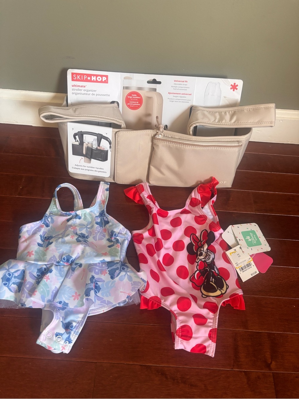 NWT Baby Bundle- Skip Hop Beige Stroller Organizer - Two Baby swimsuits 6M NWT